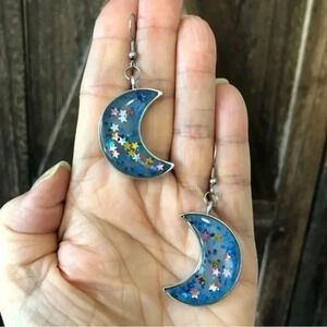 Moon Blue Stars Handmade Resin Glitter Silver Tone Earrings New NWT